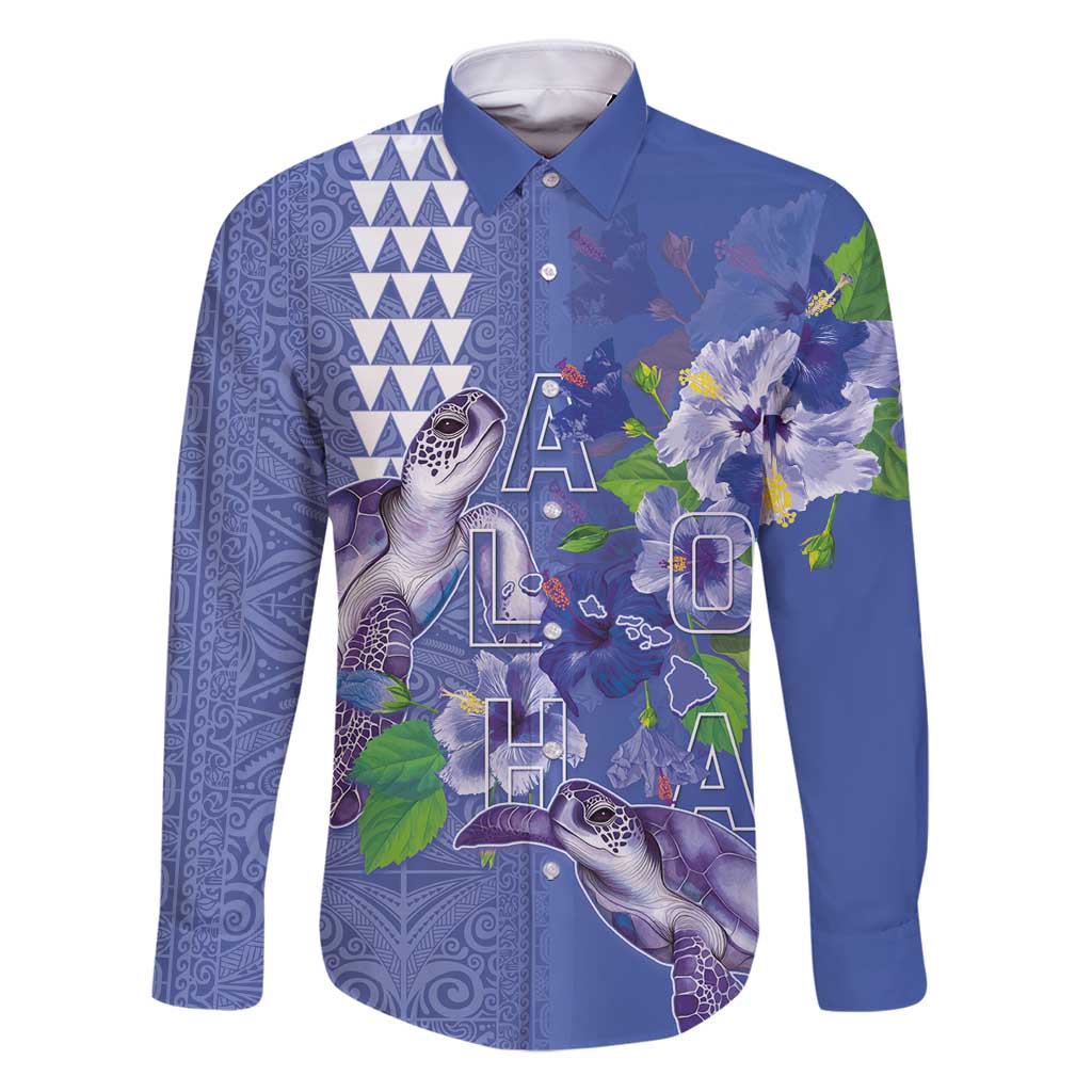 Hawaii Aloha Turtle Hibiscus and Leaves Family Matching Puletasi and Hawaiian Shirt with Polynesian and Kakau Tattoos Denim Color - Polynesian Pride