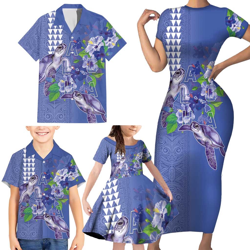 Hawaii Aloha Turtle Hibiscus and Leaves Family Matching Short Sleeve Bodycon Dress and Hawaiian Shirt with Polynesian and Kakau Tattoos Denim Color - Polynesian Pride