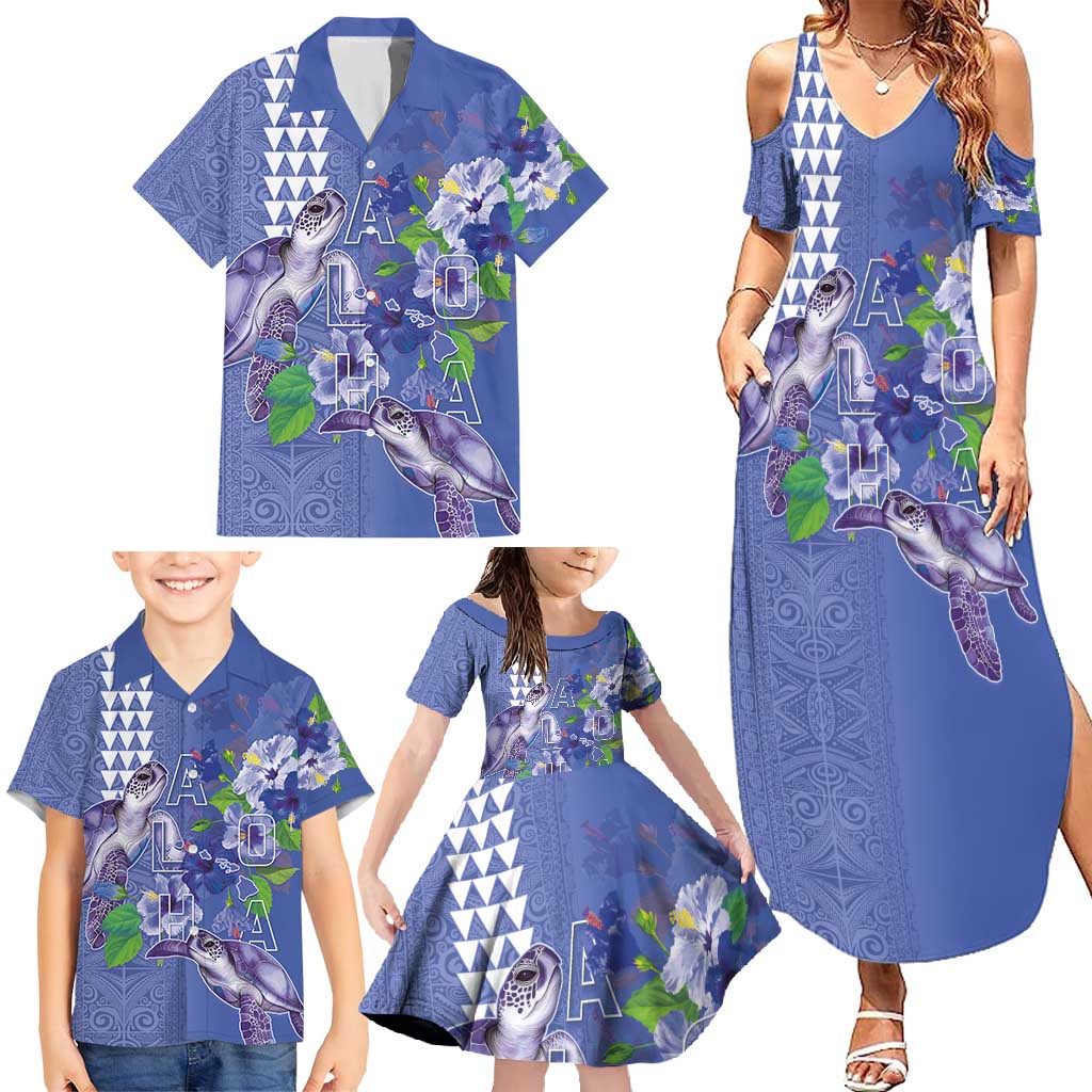 Hawaii Aloha Turtle Hibiscus and Leaves Family Matching Summer Maxi Dress and Hawaiian Shirt with Polynesian and Kakau Tattoos Denim Color - Polynesian Pride
