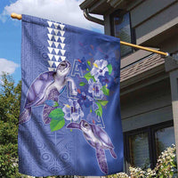 Hawaii Aloha Turtle Hibiscus and Leaves Garden Flag with Polynesian and Kakau Tattoos Denim Color - Polynesian Pride