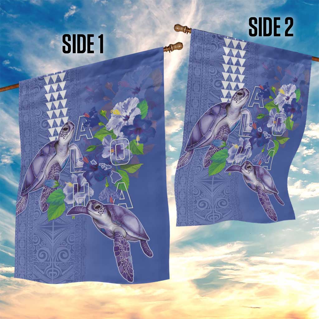 Hawaii Aloha Turtle Hibiscus and Leaves Garden Flag with Polynesian and Kakau Tattoos Denim Color - Polynesian Pride