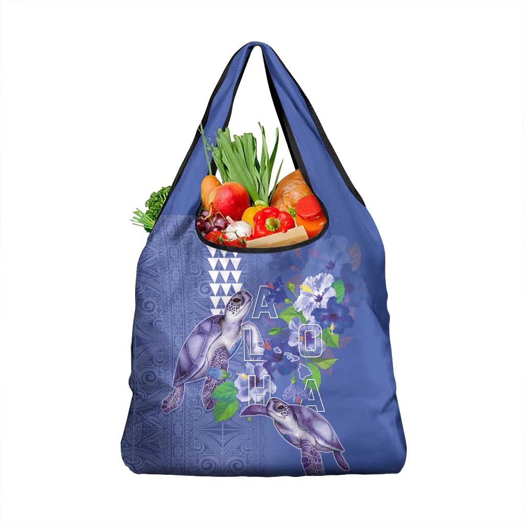 Hawaii Aloha Turtle Hibiscus and Leaves Grocery Bag with Polynesian and Kakau Tattoos Denim Color - Polynesian Pride