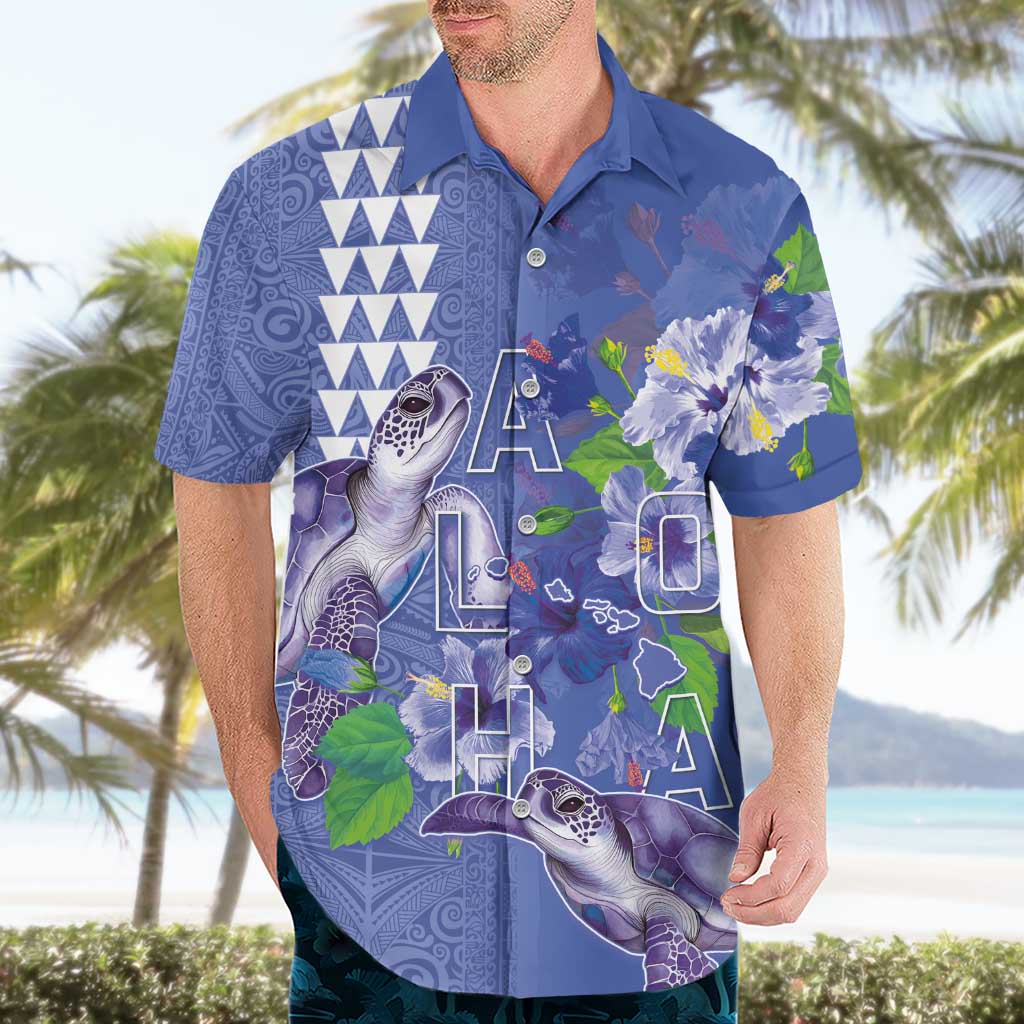 Hawaii Aloha Turtle Hibiscus and Leaves Hawaiian Shirt with Polynesian and Kakau Tattoos Denim Color - Polynesian Pride