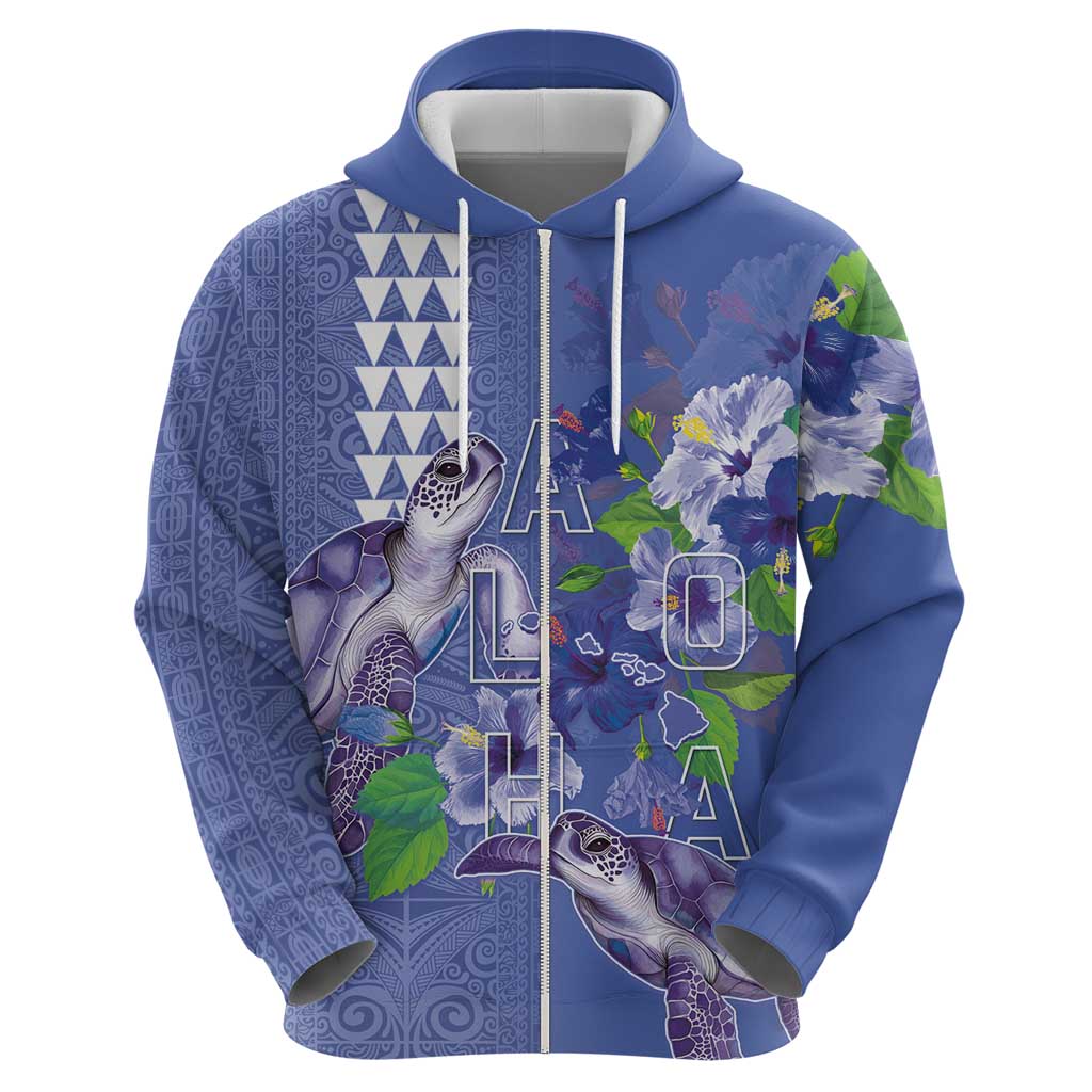 Hawaii Aloha Turtle Hibiscus and Leaves Hoodie with Polynesian and Kakau Tattoos Denim Color - Polynesian Pride