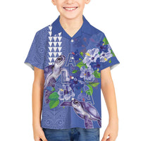 Hawaii Aloha Turtle Hibiscus and Leaves Kid Hawaiian Shirt with Polynesian and Kakau Tattoos Denim Color - Polynesian Pride