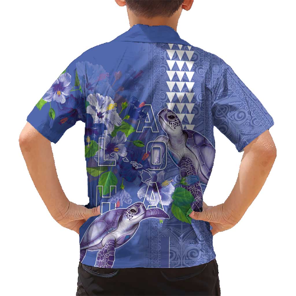 Hawaii Aloha Turtle Hibiscus and Leaves Kid Hawaiian Shirt with Polynesian and Kakau Tattoos Denim Color - Polynesian Pride