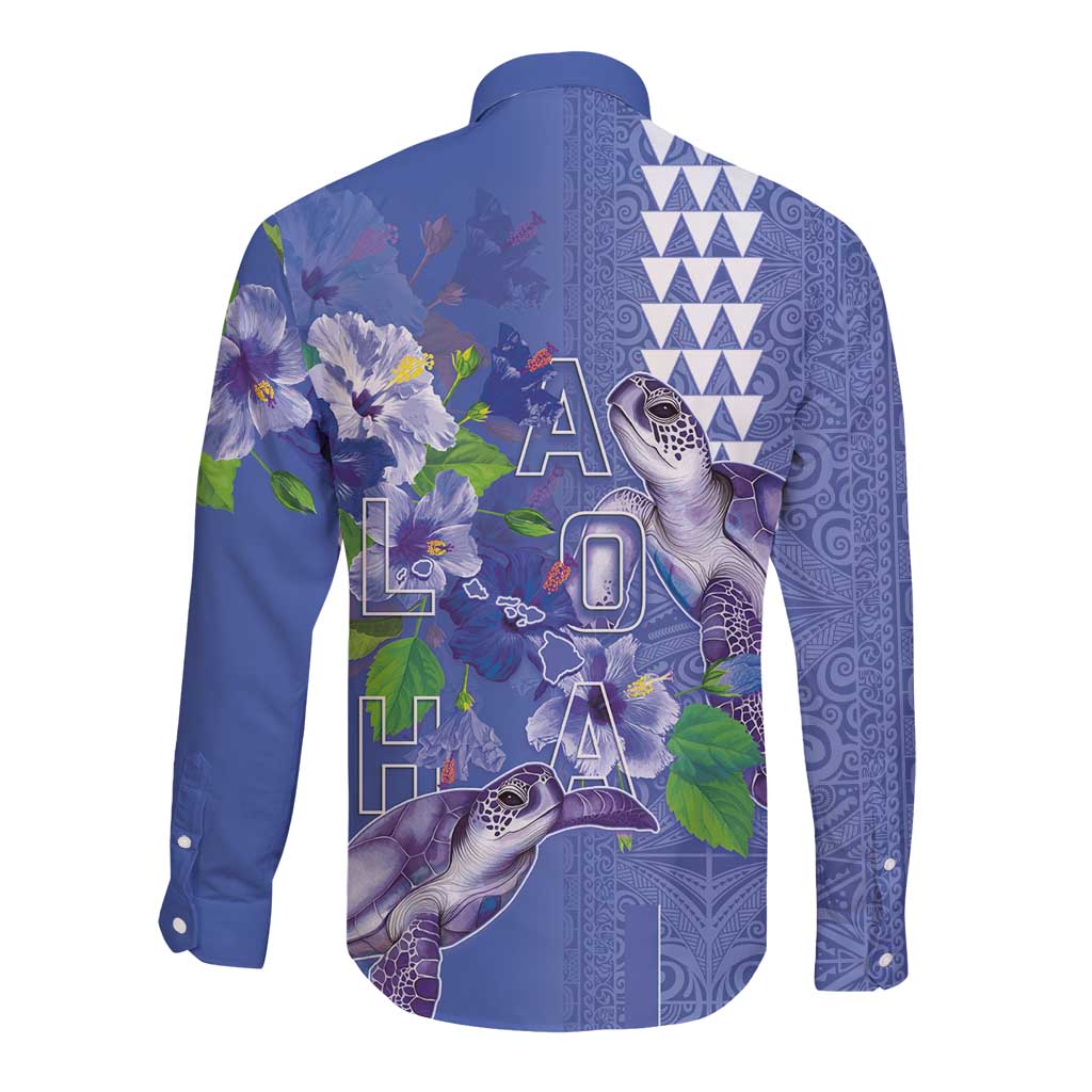 Hawaii Aloha Turtle Hibiscus and Leaves Long Sleeve Button Shirt with Polynesian and Kakau Tattoos Denim Color - Polynesian Pride