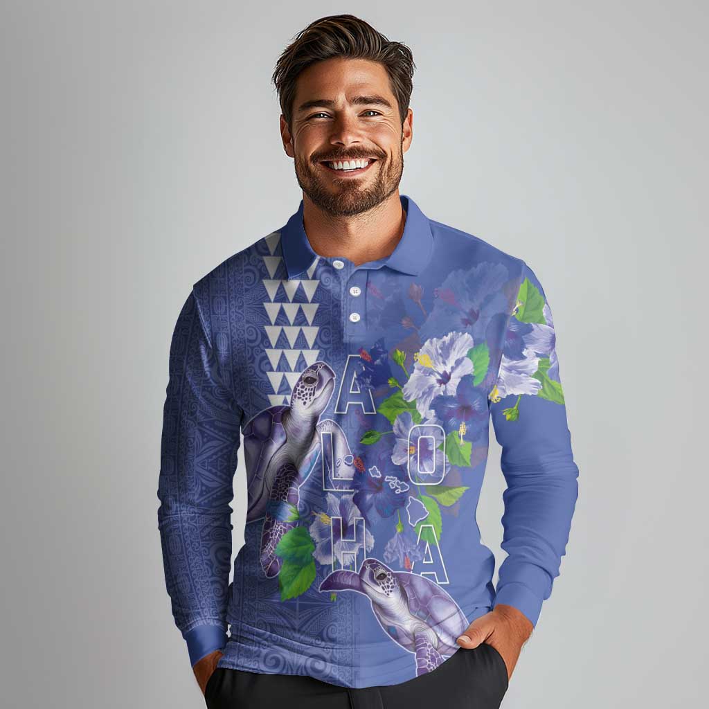 Hawaii Aloha Turtle Hibiscus and Leaves Long Sleeve Polo Shirt with Polynesian and Kakau Tattoos Denim Color - Polynesian Pride