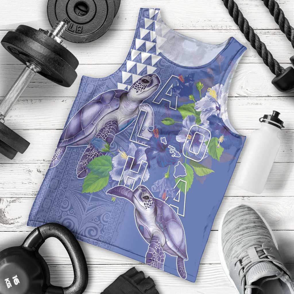 Hawaii Aloha Turtle Hibiscus and Leaves Men Tank Top with Polynesian and Kakau Tattoos Denim Color - Polynesian Pride