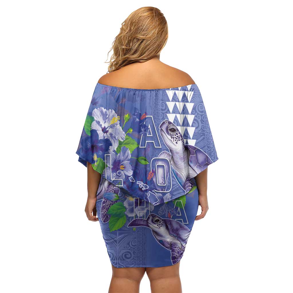 Hawaii Aloha Turtle Hibiscus and Leaves Off Shoulder Short Dress with Polynesian and Kakau Tattoos Denim Color - Polynesian Pride