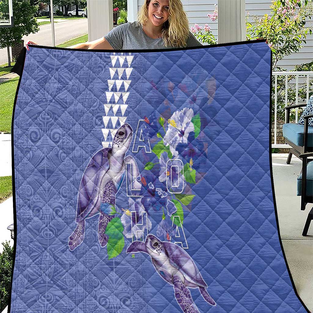 Hawaii Aloha Turtle Hibiscus and Leaves Quilt with Polynesian and Kakau Tattoos Denim Color - Polynesian Pride