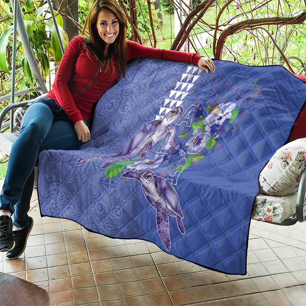Hawaii Aloha Turtle Hibiscus and Leaves Quilt with Polynesian and Kakau Tattoos Denim Color - Polynesian Pride