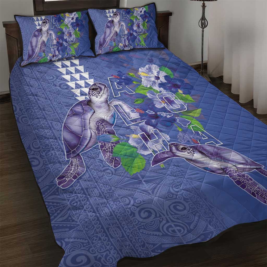 Hawaii Aloha Turtle Hibiscus and Leaves Quilt Bed Set with Polynesian and Kakau Tattoos Denim Color - Polynesian Pride