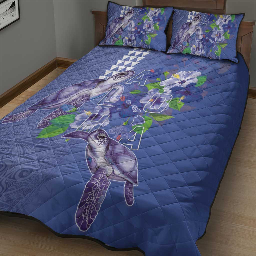 Hawaii Aloha Turtle Hibiscus and Leaves Quilt Bed Set with Polynesian and Kakau Tattoos Denim Color - Polynesian Pride