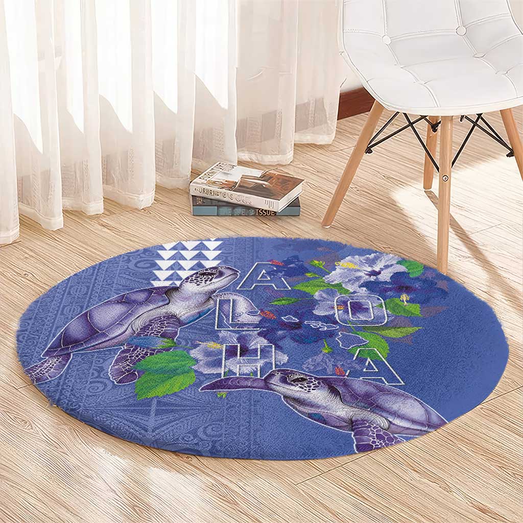 Hawaii Aloha Turtle Hibiscus and Leaves Round Carpet with Polynesian and Kakau Tattoos Denim Color - Polynesian Pride
