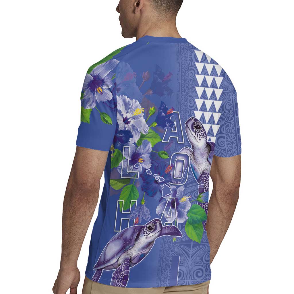 Hawaii Aloha Turtle Hibiscus and Leaves Rugby Jersey with Polynesian and Kakau Tattoos Denim Color - Polynesian Pride
