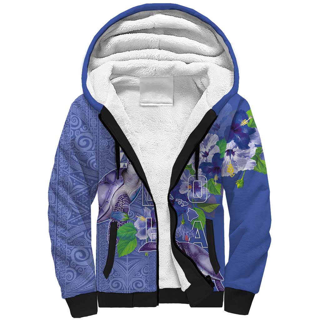 Hawaii Aloha Turtle Hibiscus and Leaves Sherpa Hoodie with Polynesian and Kakau Tattoos Denim Color - Polynesian Pride