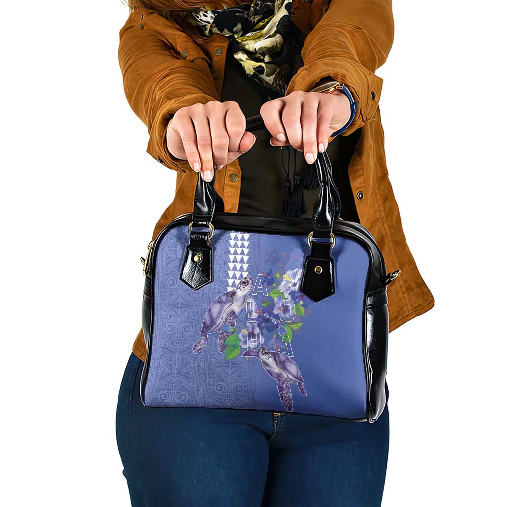 Hawaii Aloha Turtle Hibiscus and Leaves Shoulder Handbag with Polynesian and Kakau Tattoos Denim Color - Polynesian Pride