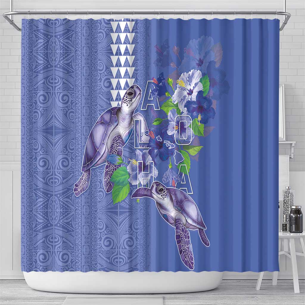 Hawaii Aloha Turtle Hibiscus and Leaves Shower Curtain with Polynesian and Kakau Tattoos Denim Color - Polynesian Pride