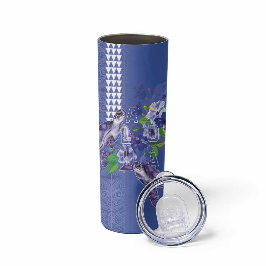 Hawaii Aloha Turtle Hibiscus and Leaves Skinny Tumbler with Polynesian and Kakau Tattoos Denim Color - Polynesian Pride