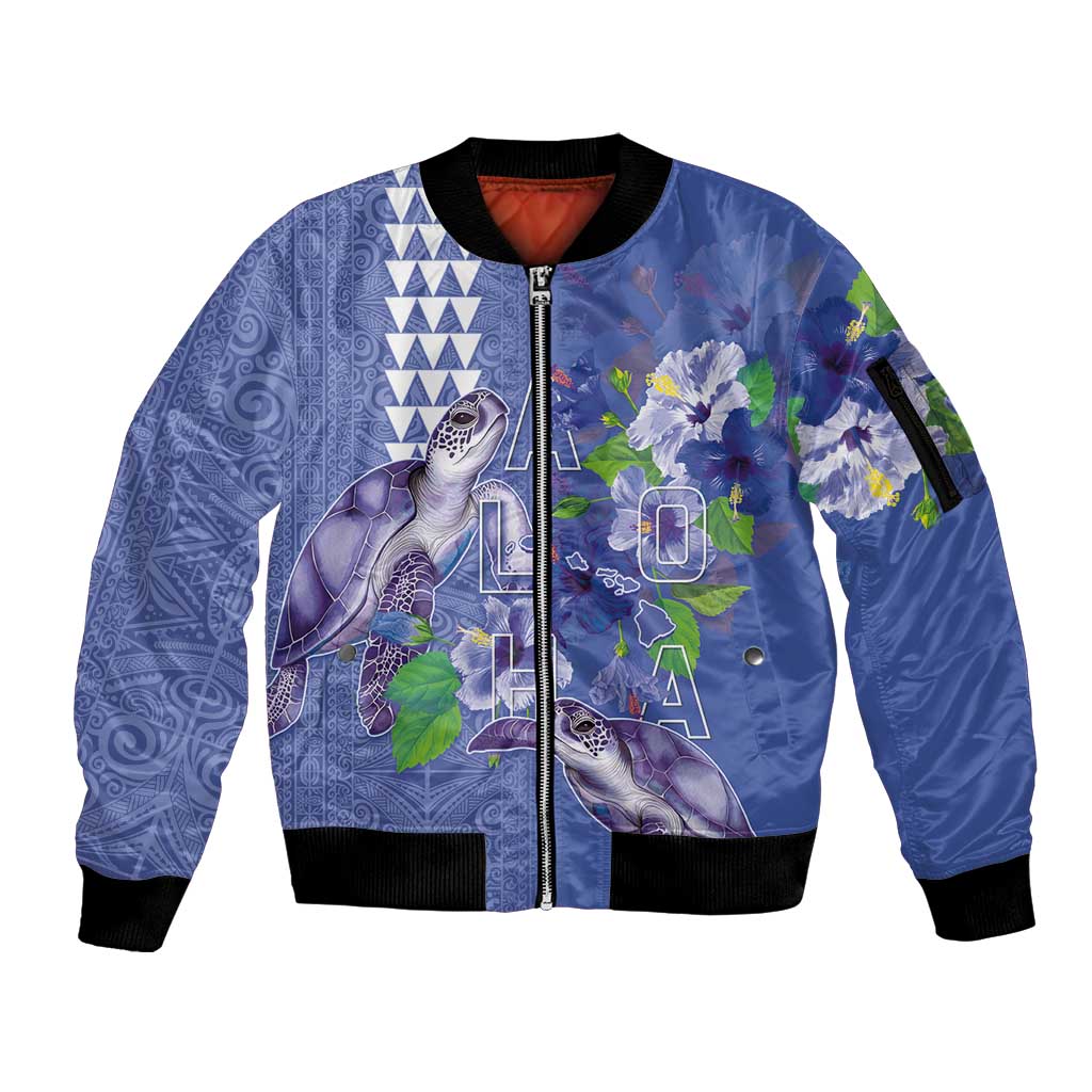 Hawaii Aloha Turtle Hibiscus and Leaves Sleeve Zip Bomber Jacket with Polynesian and Kakau Tattoos Denim Color - Polynesian Pride