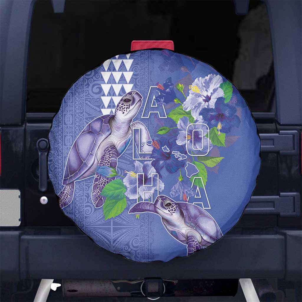 Hawaii Aloha Turtle Hibiscus and Leaves Spare Tire Cover with Polynesian and Kakau Tattoos Denim Color - Polynesian Pride