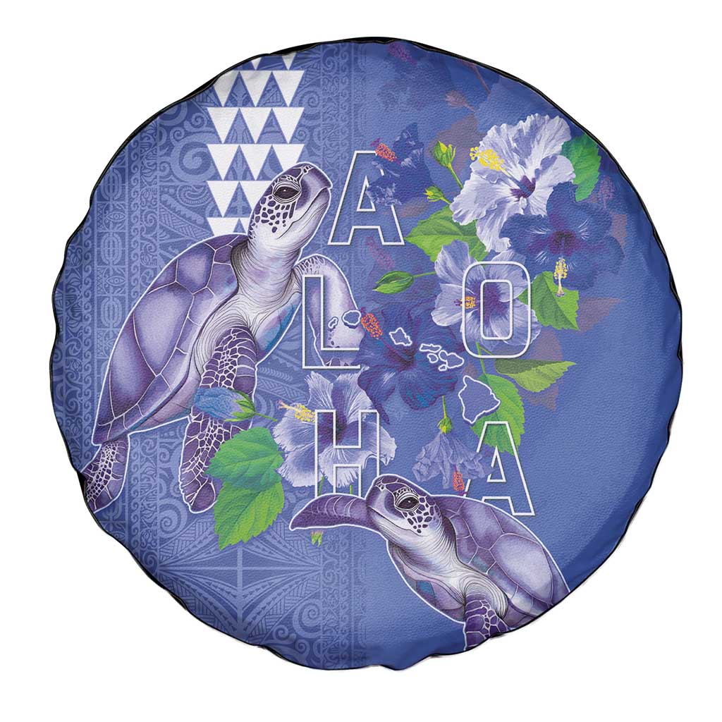 Hawaii Aloha Turtle Hibiscus and Leaves Spare Tire Cover with Polynesian and Kakau Tattoos Denim Color - Polynesian Pride
