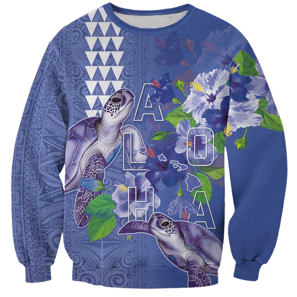 Hawaii Aloha Turtle Hibiscus and Leaves Sweatshirt with Polynesian and Kakau Tattoos Denim Color - Polynesian Pride
