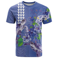 Hawaii Aloha Turtle Hibiscus and Leaves T Shirt with Polynesian and Kakau Tattoos Denim Color - Polynesian Pride