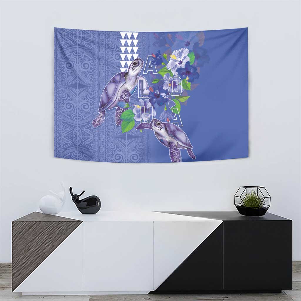 Hawaii Aloha Turtle Hibiscus and Leaves Tapestry with Polynesian and Kakau Tattoos Denim Color - Polynesian Pride