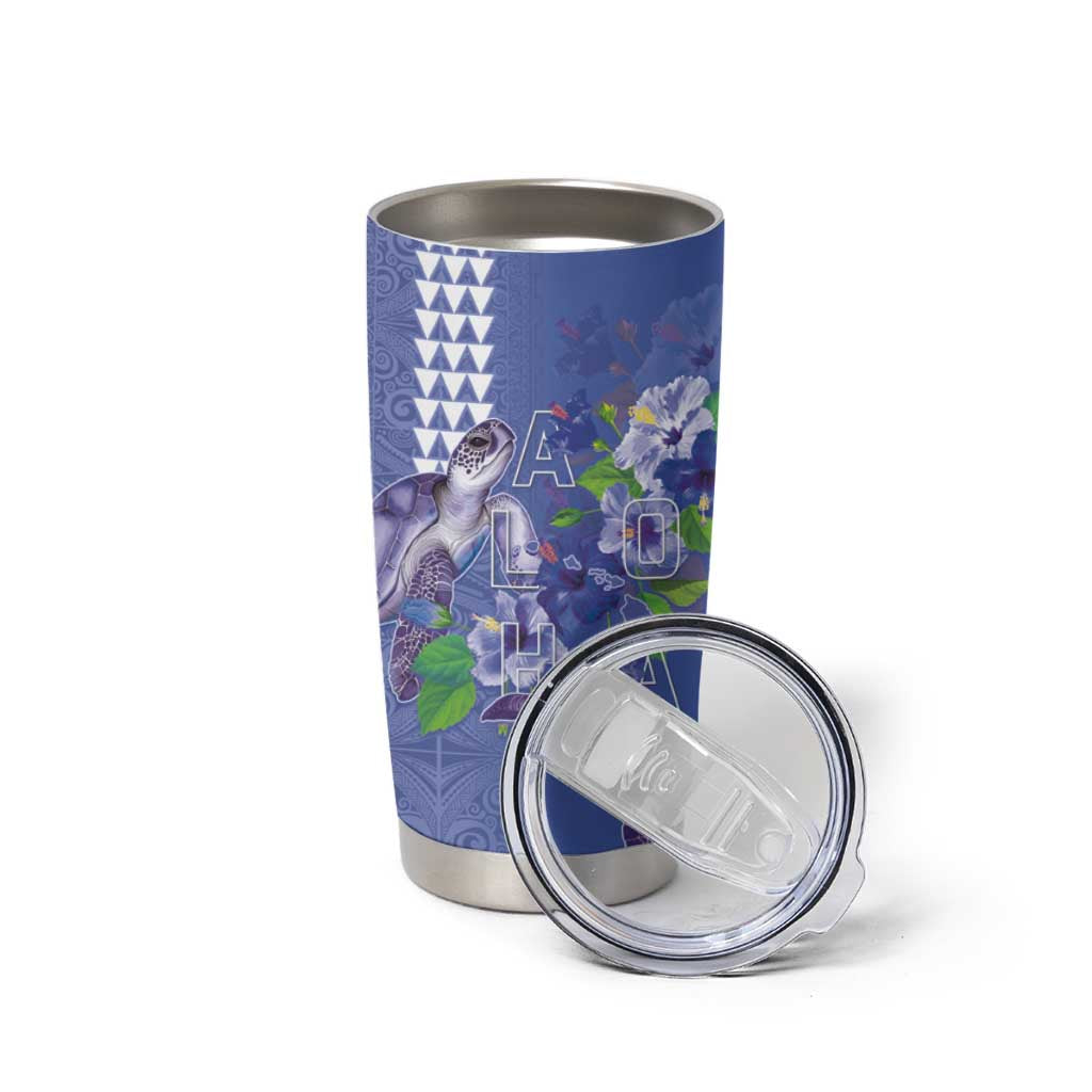 Hawaii Aloha Turtle Hibiscus and Leaves Tumbler Cup with Polynesian and Kakau Tattoos Denim Color - Polynesian Pride