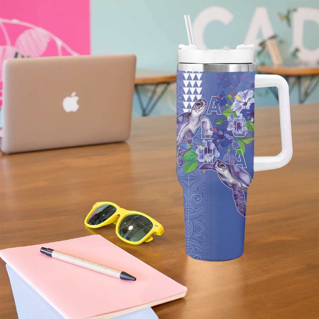 Hawaii Aloha Turtle Hibiscus and Leaves Tumbler With Handle with Polynesian and Kakau Tattoos Denim Color - Polynesian Pride