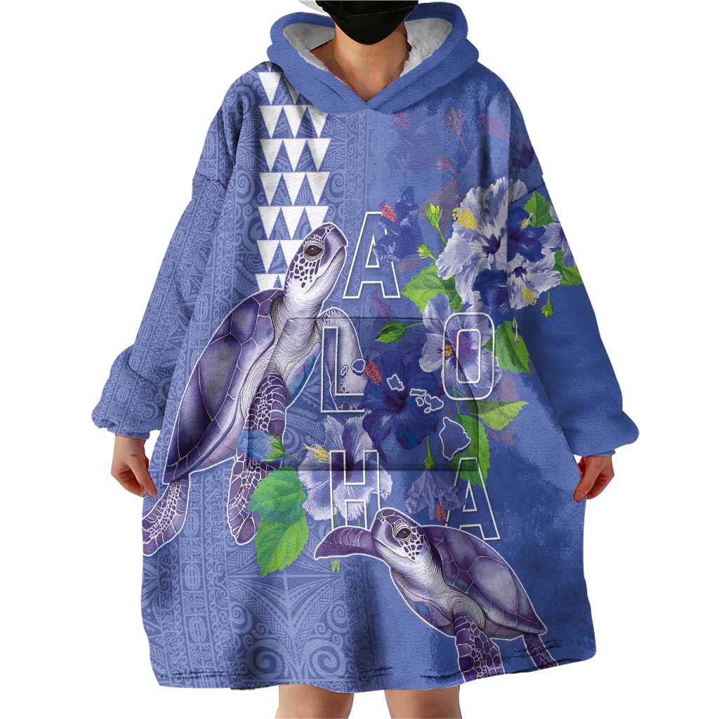 Hawaii Aloha Turtle Hibiscus and Leaves Wearable Blanket Hoodie with Polynesian and Kakau Tattoos Denim Color - Polynesian Pride