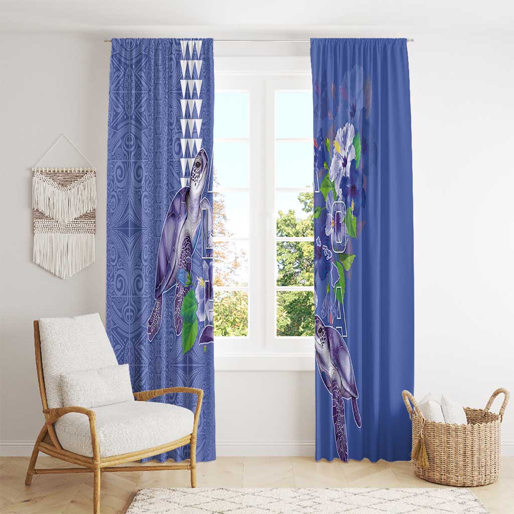 Hawaii Aloha Turtle Hibiscus and Leaves Window Curtain with Polynesian and Kakau Tattoos Denim Color - Polynesian Pride