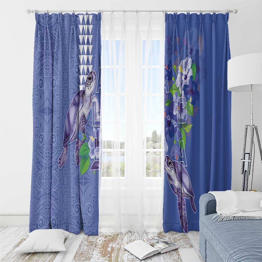 Hawaii Aloha Turtle Hibiscus and Leaves Window Curtain with Polynesian and Kakau Tattoos Denim Color - Polynesian Pride