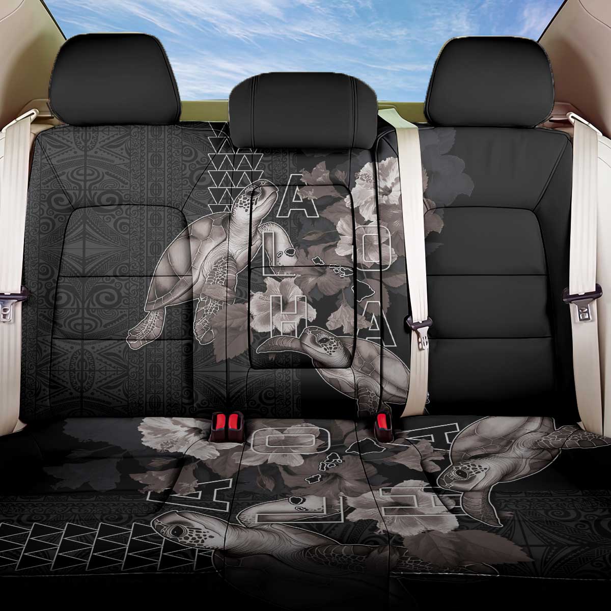 Hawaii Aloha Turtle Hibiscus and Leaves Back Car Seat Cover with Polynesian and Kakau Tattoos Black Color - Polynesian Pride