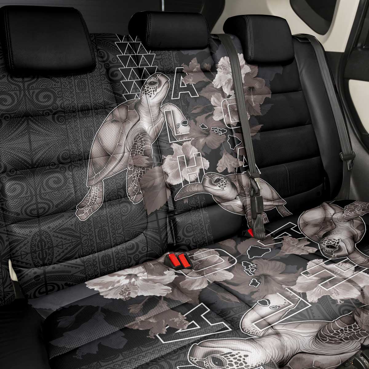 Hawaii Aloha Turtle Hibiscus and Leaves Back Car Seat Cover with Polynesian and Kakau Tattoos Black Color - Polynesian Pride