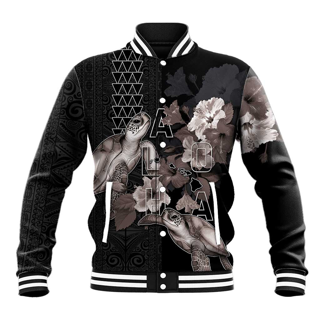 Hawaii Aloha Turtle Hibiscus and Leaves Baseball Jacket with Polynesian and Kakau Tattoos Black Color - Polynesian Pride