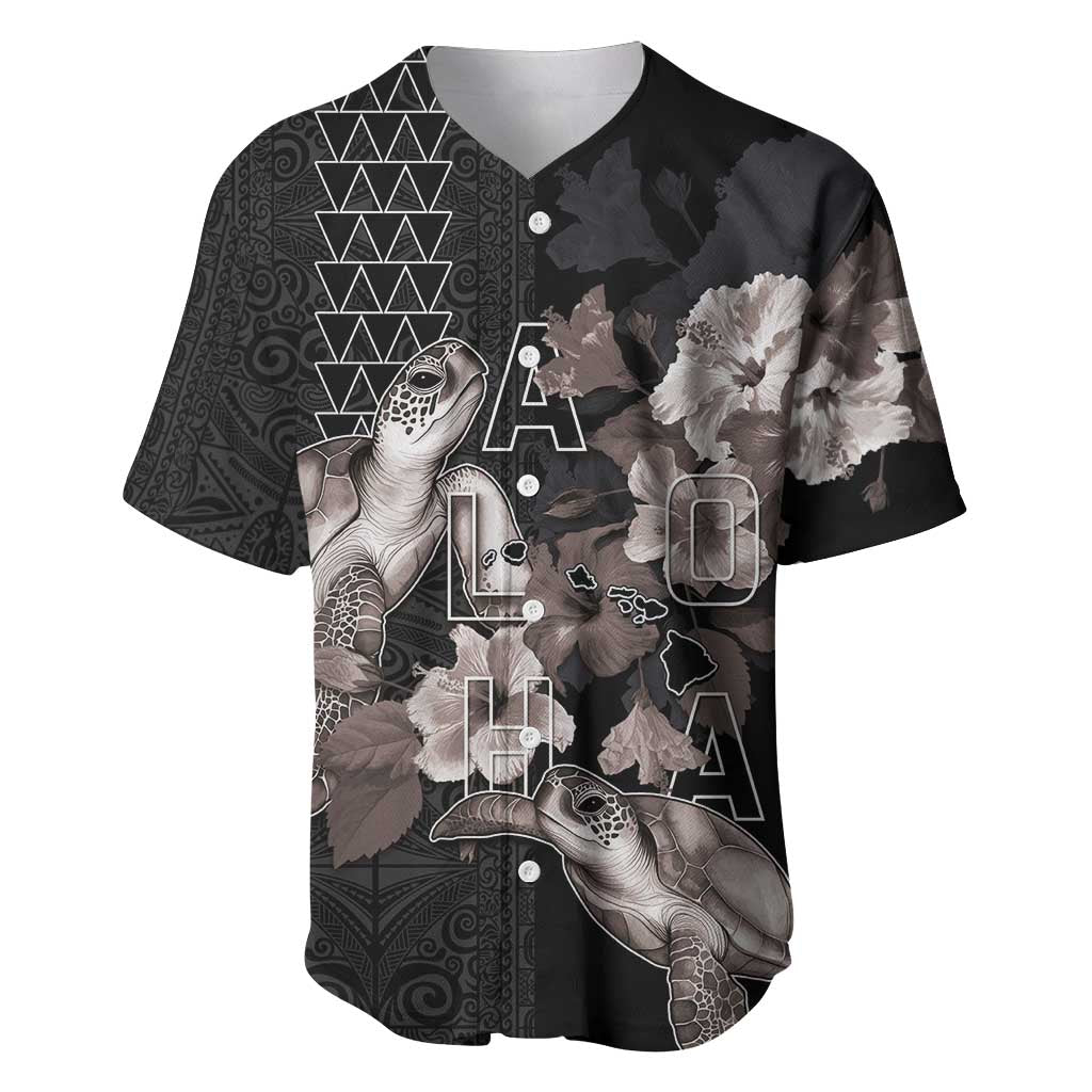 Hawaii Aloha Turtle Hibiscus and Leaves Baseball Jersey with Polynesian and Kakau Tattoos Black Color - Polynesian Pride