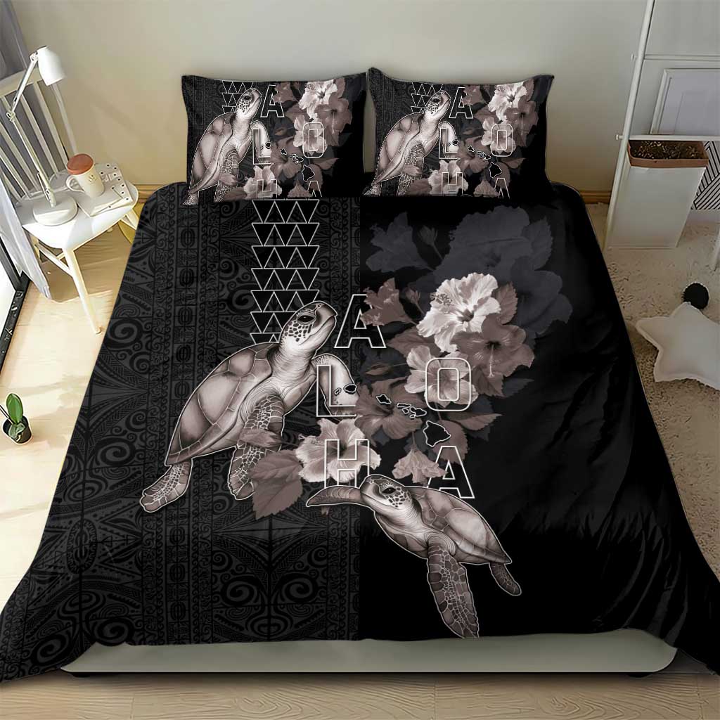 Hawaii Aloha Turtle Hibiscus and Leaves Bedding Set with Polynesian and Kakau Tattoos Black Color - Polynesian Pride