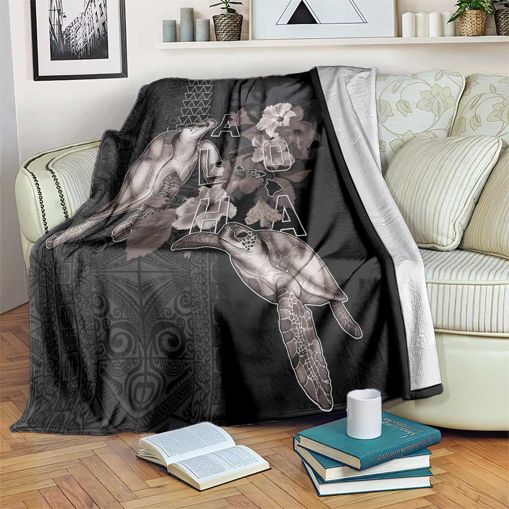 Hawaii Aloha Turtle Hibiscus and Leaves Blanket with Polynesian and Kakau Tattoos Black Color - Polynesian Pride