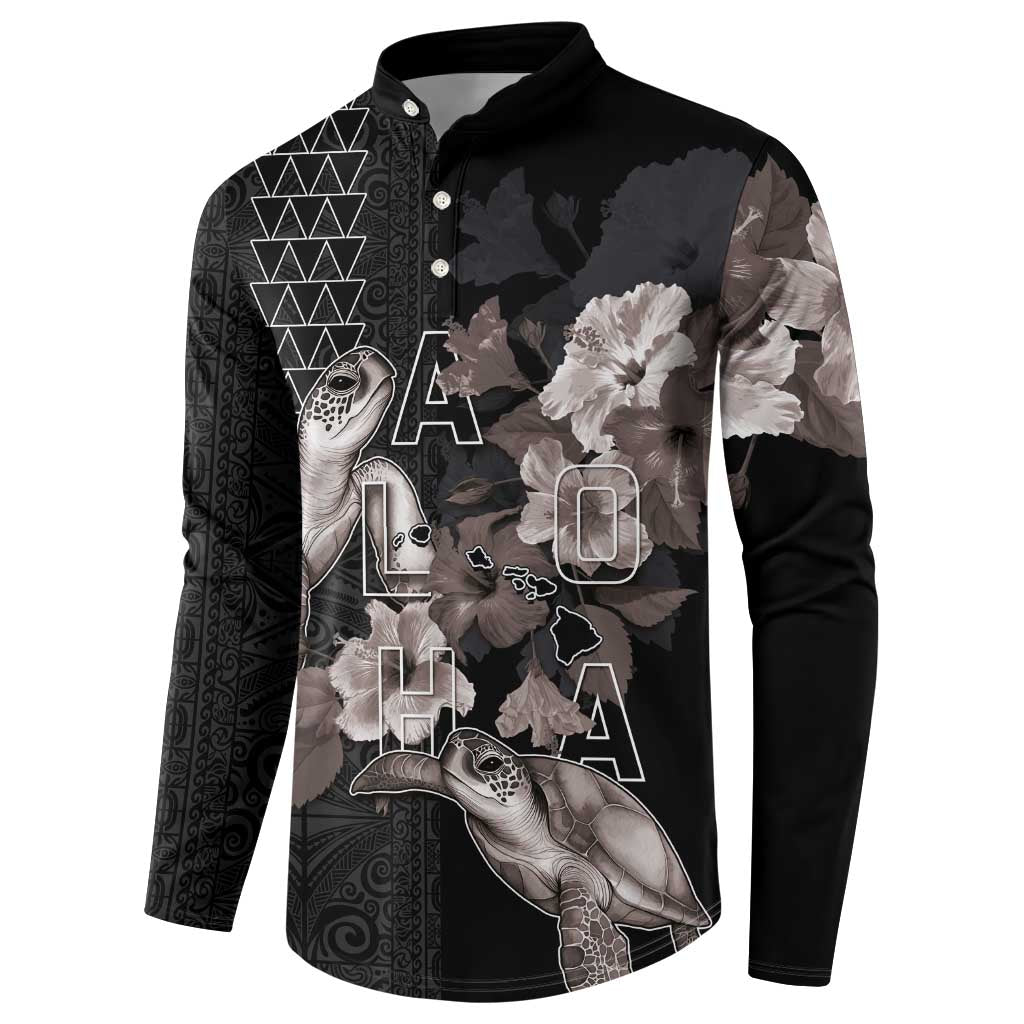 Hawaii Aloha Turtle Hibiscus and Leaves Button Sweatshirt with Polynesian and Kakau Tattoos Black Color - Polynesian Pride