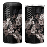 Hawaii Aloha Turtle Hibiscus and Leaves 4 in 1 Can Cooler Tumbler with Polynesian and Kakau Tattoos Black Color - Polynesian Pride