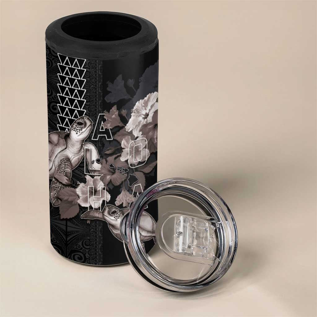 Hawaii Aloha Turtle Hibiscus and Leaves 4 in 1 Can Cooler Tumbler with Polynesian and Kakau Tattoos Black Color - Polynesian Pride