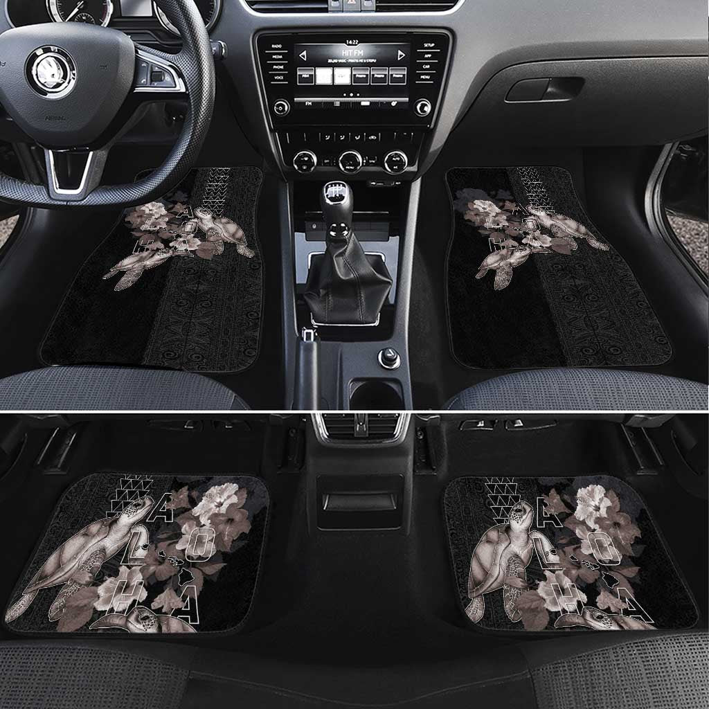 Hawaii Aloha Turtle Hibiscus and Leaves Car Mats with Polynesian and Kakau Tattoos Black Color - Polynesian Pride