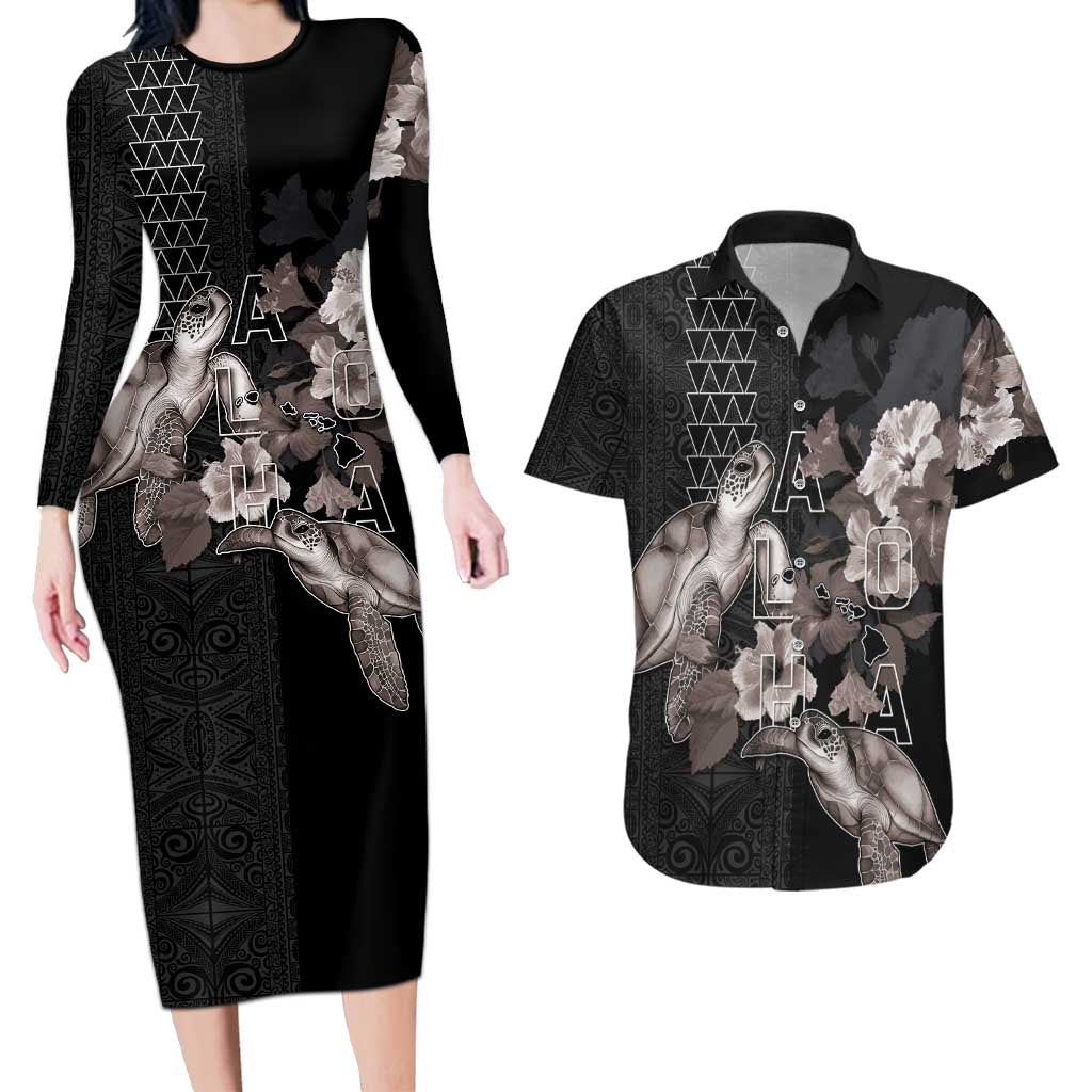 Hawaii Aloha Turtle Hibiscus and Leaves Couples Matching Long Sleeve Bodycon Dress and Hawaiian Shirt with Polynesian and Kakau Tattoos Black Color - Polynesian Pride
