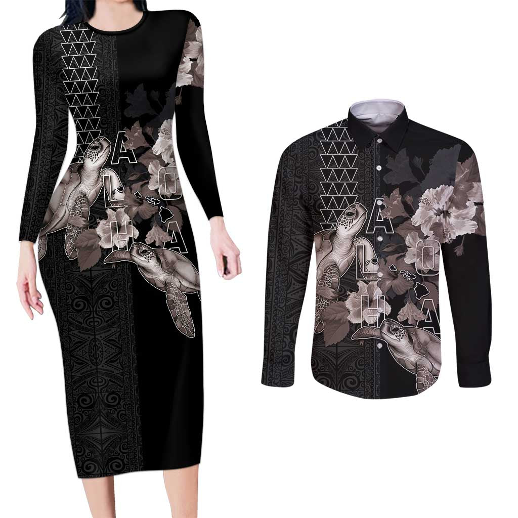 Hawaii Aloha Turtle Hibiscus and Leaves Couples Matching Long Sleeve Bodycon Dress and Long Sleeve Button Shirt with Polynesian and Kakau Tattoos Black Color - Polynesian Pride
