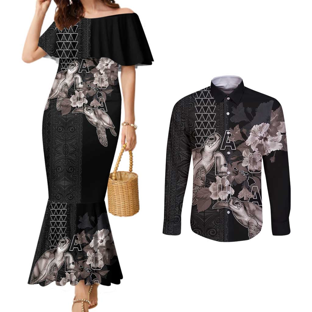 Hawaii Aloha Turtle Hibiscus and Leaves Couples Matching Mermaid Dress and Long Sleeve Button Shirt with Polynesian and Kakau Tattoos Black Color - Polynesian Pride
