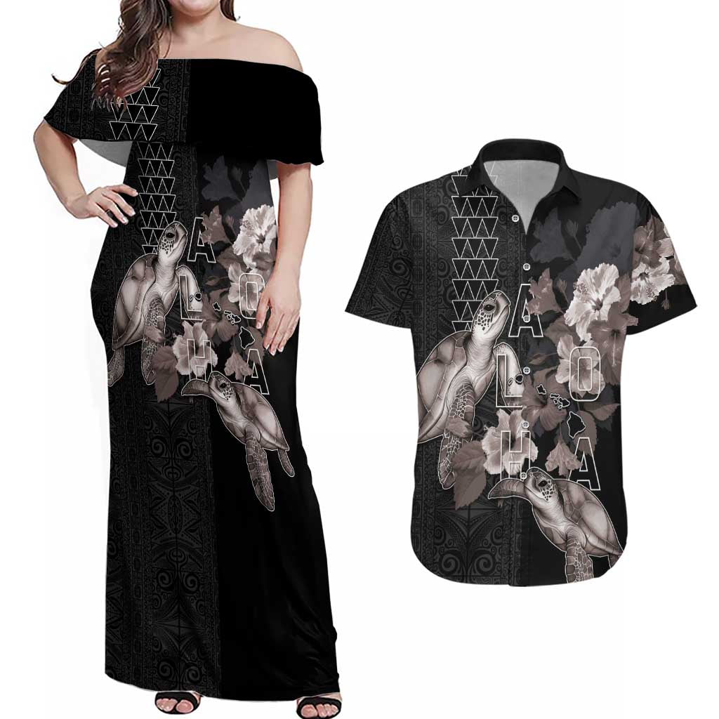 Hawaii Aloha Turtle Hibiscus and Leaves Couples Matching Off Shoulder Maxi Dress and Hawaiian Shirt with Polynesian and Kakau Tattoos Black Color - Polynesian Pride