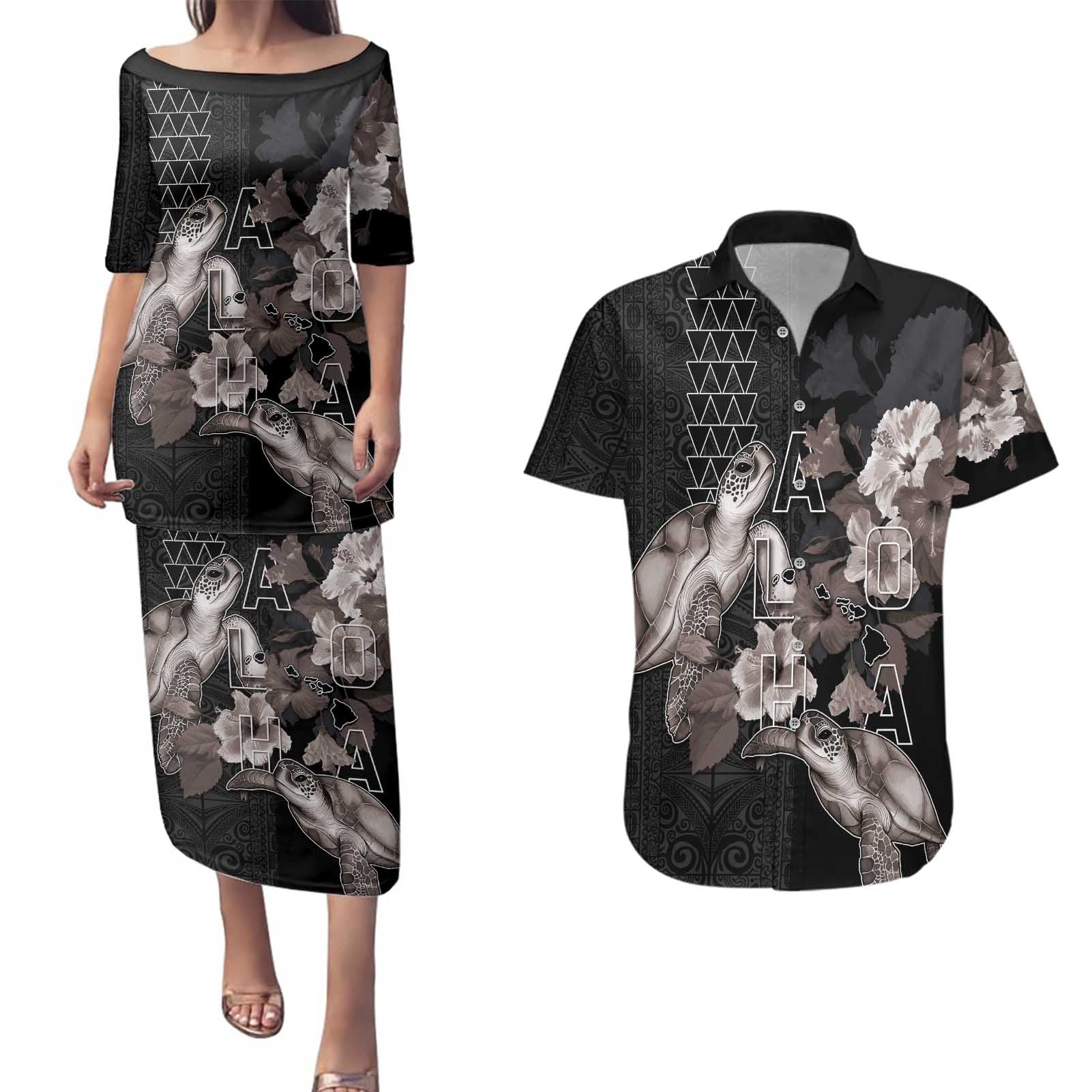 Hawaii Aloha Turtle Hibiscus and Leaves Couples Matching Puletasi and Hawaiian Shirt with Polynesian and Kakau Tattoos Black Color - Polynesian Pride